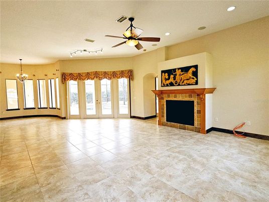 Chandelier, Empty room, Fireplace, Interior, Recessed Lighting