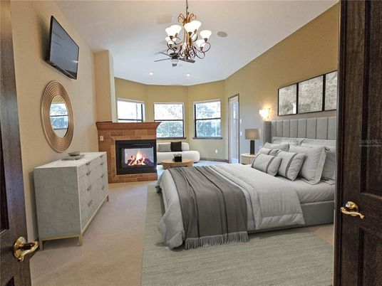 Bedroom, Chandelier, Fireplace, Interior, Recessed Lighting