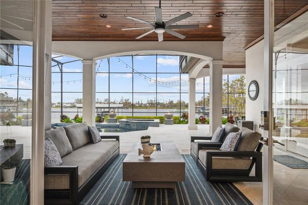 Interior, Living room, Recessed Lighting, Sun Room, Water, Wooden Ceilings