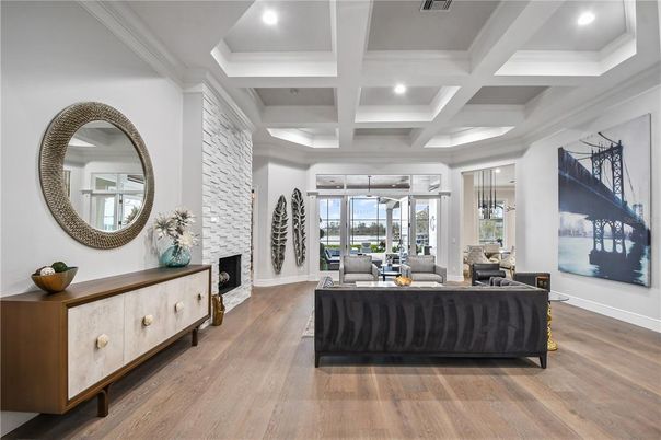 Fireplace, Interior, Living room, Recessed Lighting, Wood Texture Flooring