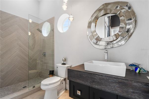 Bathroom, Glass Shower, Interior, Pendant Lights