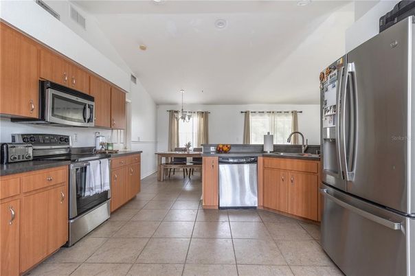 Dining room, Interior, Kitchen, Pendant Lights, Stainless Steel Appliances