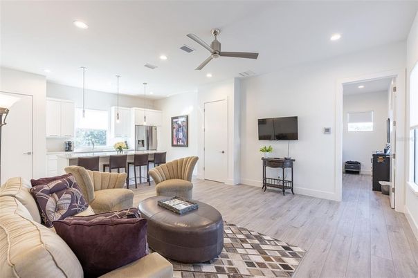 Interior, Kitchen, Living room, Pendant Lights, Recessed Lighting, Wood Texture Flooring