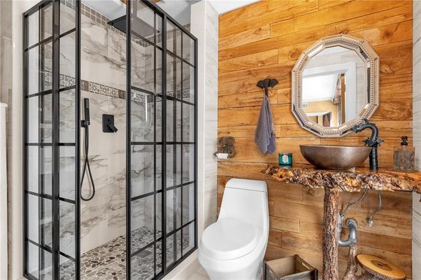 Bathroom, Glass Shower, Interior, Wooden Walls