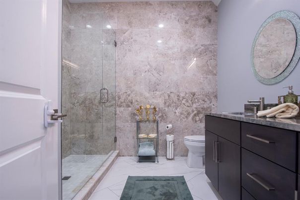 Bathroom, Glass Shower, Interior, Marble, Marble Walls, Recessed Lighting