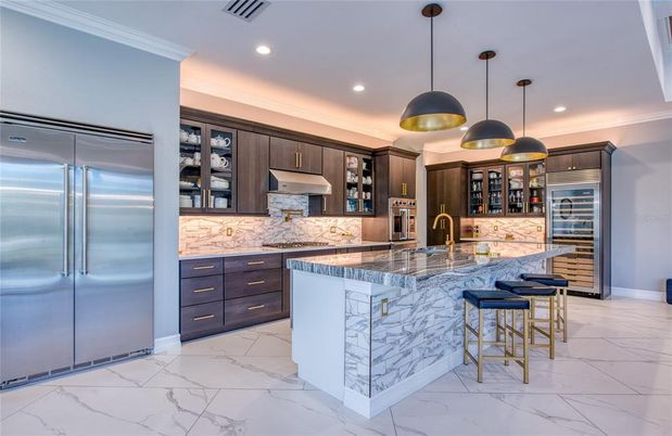 Interior, Kitchen, Marble, Pendant Lights, Recessed Lighting, Stainless Steel Appliances