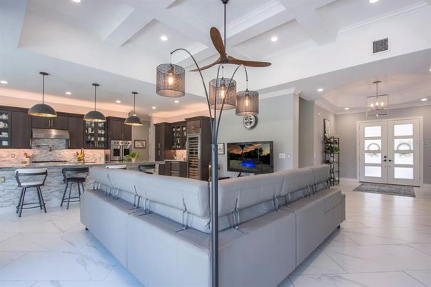 Interior, Kitchen, Living room, Marble, Pendant Lights, Recessed Lighting, Stainless Steel Appliances