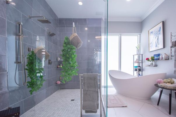 Bathroom, Free Standing Baths, Glass Shower, Interior, Recessed Lighting