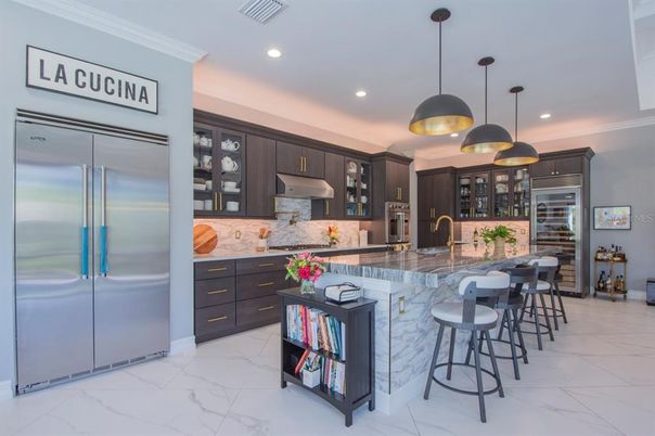 Interior, Kitchen, Marble, Pendant Lights, Recessed Lighting, Stainless Steel Appliances