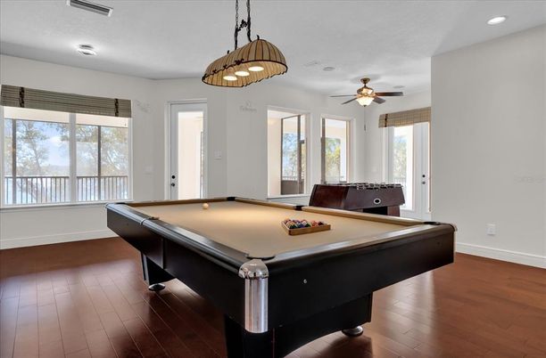 Billiard Table, Game Room, Interior, Pendant Lights, Recessed Lighting, Wood Texture Flooring