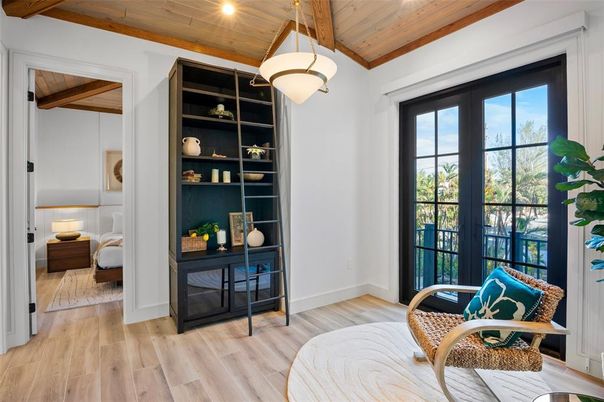 Bedroom, Interior, Pendant Lights, Recessed Lighting, Wooden Beams, Wooden Ceilings, Wood Texture Flooring