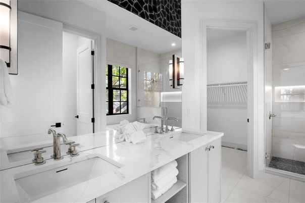 Bathroom, Dual Sink Vanities, Glass Shower, Interior, Recessed Lighting