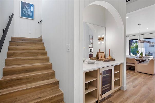 Dining room, Interior, Pendant Lights, Recessed Lighting, Wood Texture Flooring