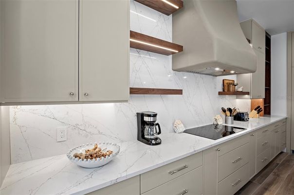 Interior, Kitchen, Marble Walls, Wood Texture Flooring