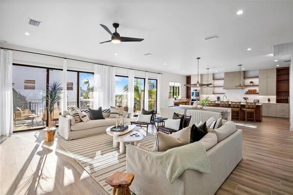 Interior, Kitchen, Living room, Pendant Lights, Recessed Lighting, Wood Texture Flooring