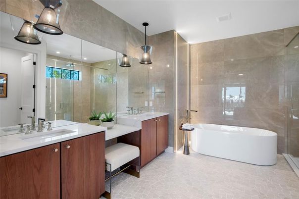 Bathroom, Dual Sink Vanities, Free Standing Baths, Glass Shower, Interior, Pendant Lights, Recessed Lighting