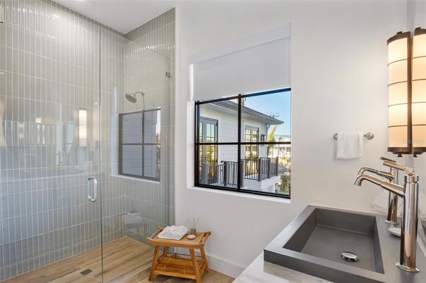 Bathroom, Glass Shower, Interior, Wood Texture Flooring