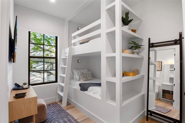 Bedroom, Interior, Recessed Lighting, Wood Texture Flooring