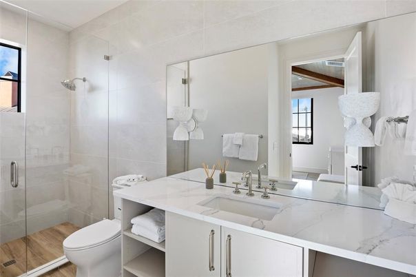 Bathroom, Glass Shower, Interior, Wood Texture Flooring