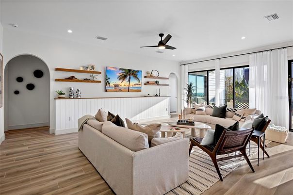 Interior, Living room, Recessed Lighting, Wood Texture Flooring
