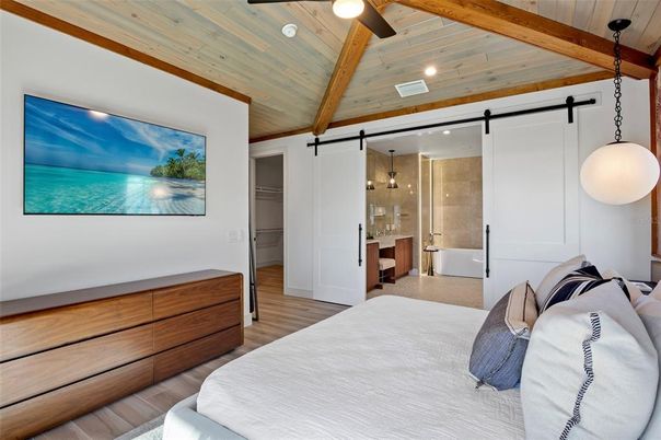 Bathroom, Bedroom, Interior, Pendant Lights, Wooden Beams, Wooden Ceilings, Wood Texture Flooring