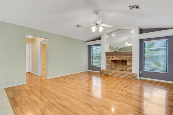 Empty room, Fireplace, Interior, Recessed Lighting, Wood Texture Flooring