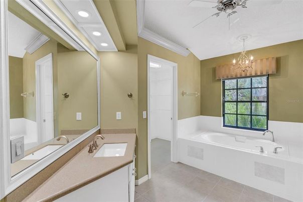 Bathroom, Chandelier, Dual Sink Vanities, Interior, Recessed Lighting