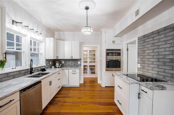 Interior, Kitchen, Pendant Lights, Stainless Steel Appliances, Wood Texture Flooring