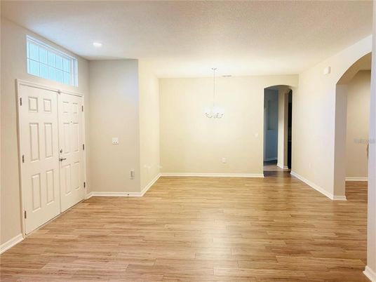 Chandelier, Empty room, Interior, Recessed Lighting, Wood Texture Flooring