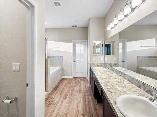 Bathroom, Dual Sink Vanities, Interior, Wood Texture Flooring