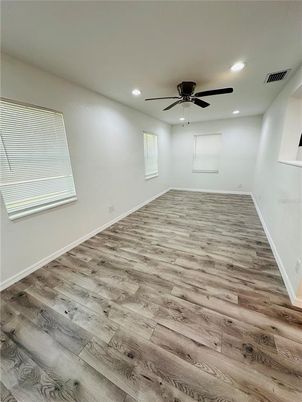 Empty room, Interior, Recessed Lighting, Wood Texture Flooring