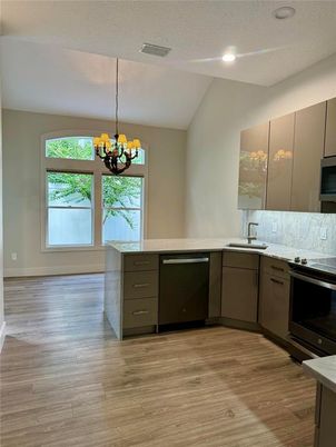 Chandelier, Interior, Kitchen, Recessed Lighting, Wood Texture Flooring