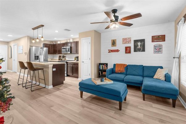 Interior, Kitchen, Living room, Pendant Lights, Recessed Lighting, Stainless Steel Appliances, Wood Texture Flooring