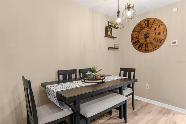 Dining room, Interior, Pendant Lights, Wood Texture Flooring