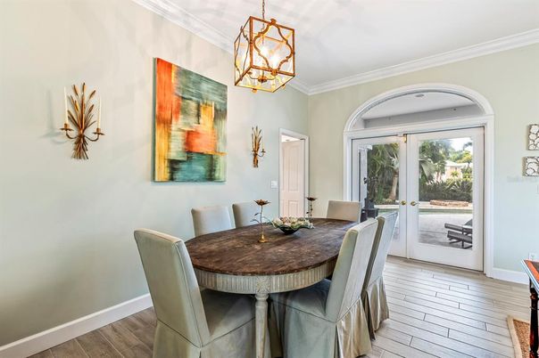 Chandelier, Dining room, Interior, Pendant Lights, Wood Texture Flooring