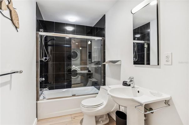 Bathroom, Glass Shower, Interior, Wood Texture Flooring