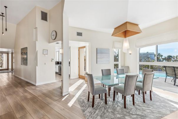 Dining room, Interior, Pendant Lights, Wood Texture Flooring