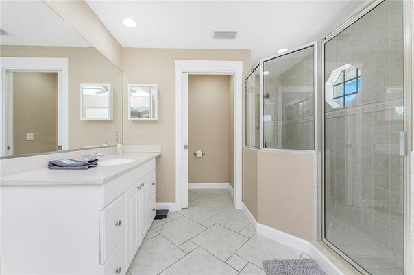 Bathroom, Dual Sink Vanities, Glass Shower, Interior, Recessed Lighting