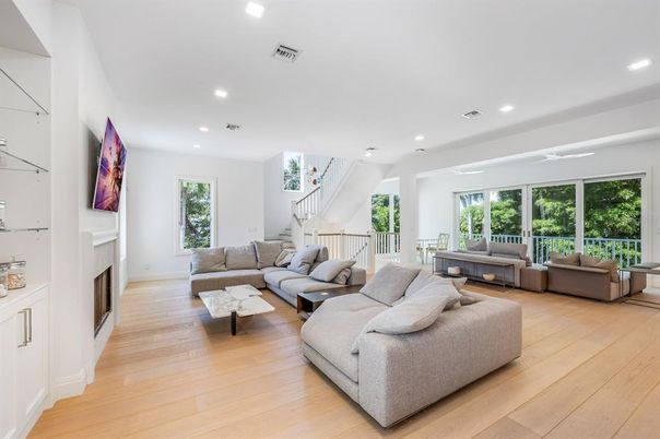 Fireplace, Interior, Living room, Recessed Lighting, Wood Texture Flooring