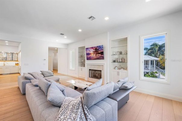 Fireplace, Interior, Living room, Recessed Lighting, Wood Texture Flooring