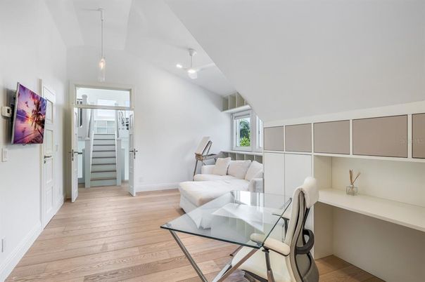 Home Office, Interior, Living room, Pendant Lights, Wood Texture Flooring