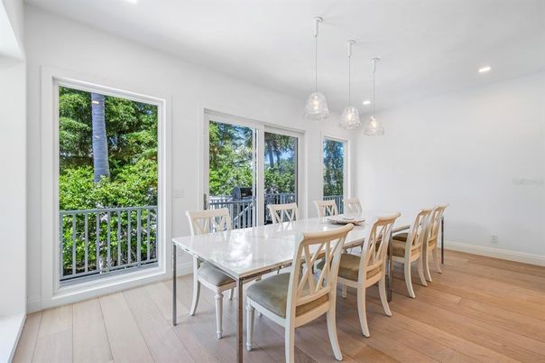Dining room, Interior, Pendant Lights, Recessed Lighting, Wood Texture Flooring