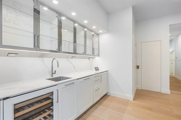 Interior, Kitchen, Marble Walls, Recessed Lighting, Wood Texture Flooring