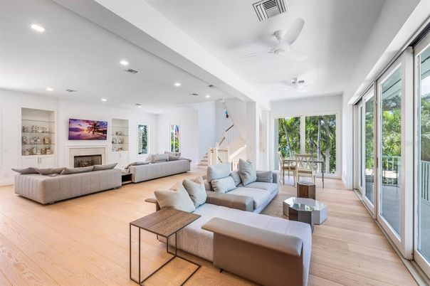 Fireplace, Interior, Living room, Recessed Lighting, Wood Texture Flooring