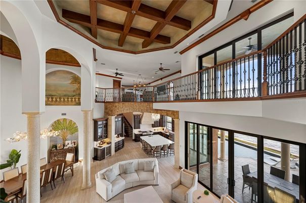 Chandelier, Dining room, Interior, Living room, Pendant Lights, Wooden Beams, Wood Texture Flooring