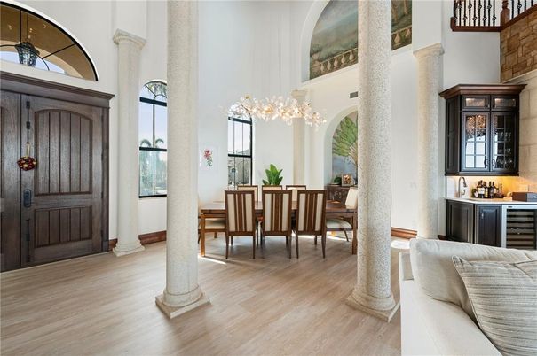 Dining room, Interior, Pendant Lights, Wood Texture Flooring
