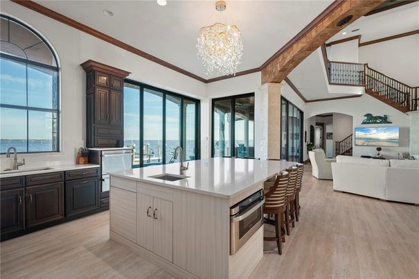Chandelier, Interior, Kitchen, Living room, Recessed Lighting, Water, Wooden Beams, Wood Texture Flooring