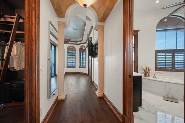 Bathroom, Interior, Marble, Recessed Lighting, Walk-in Closets, Wooden Beams, Wood Texture Flooring