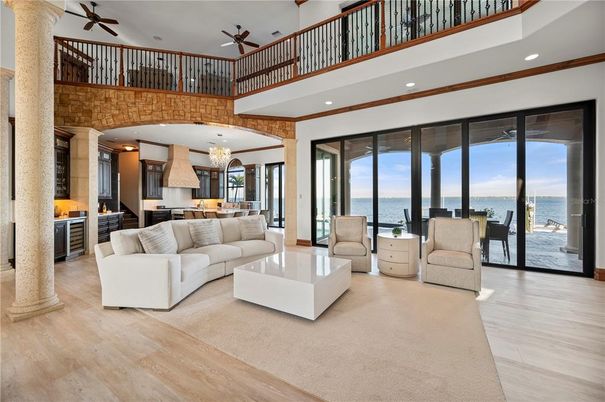 Chandelier, Dining room, Interior, Living room, Recessed Lighting, Water, Wood Texture Flooring