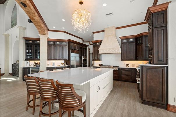 Chandelier, Interior, Kitchen, Recessed Lighting, Stainless Steel Appliances, Wood Texture Flooring